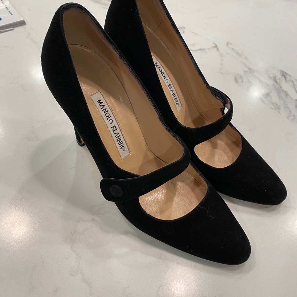 Manolo Blahnik Black Suede Mary Jane Heels
